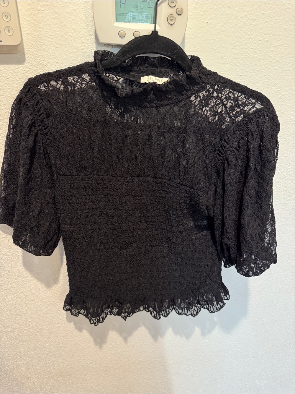 Z Supply Black Lace Smocked High-Neck Puff Sleeve Top